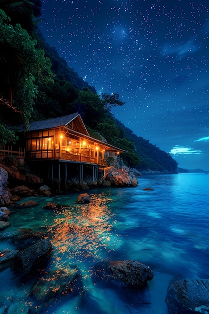 The image features a beautiful beach at night with a small wooden hut sitting on stilts near the water's edge, surrounded by rocks and trees. The sky above is filled with stars, creating a serene atmosphere. A person can be seen standing in front of the hut, possibly admiring its unique design or enjoying the peaceful surroundings. The image also contains text that reads "G Night Friends Every night feels a bit strange to me. The day ends, but dreams never go to sleep. New thoughts start growing in my mind. Maybe this is a sign of moving forward."