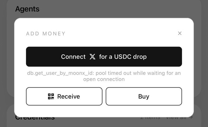 An "Add Money" modal showing a USDC drop connection via X (formerly Twitter) displays an error message reading "db.get_user_by_moonx_id: pool timed out while waiting for an open connection," with "Receive" and "Buy" buttons below. The error relates to the post's mention of Moonpay, whose claim mechanics appear to be experiencing technical issues, suggesting users may need to optimize their approach to secure drop allocations.