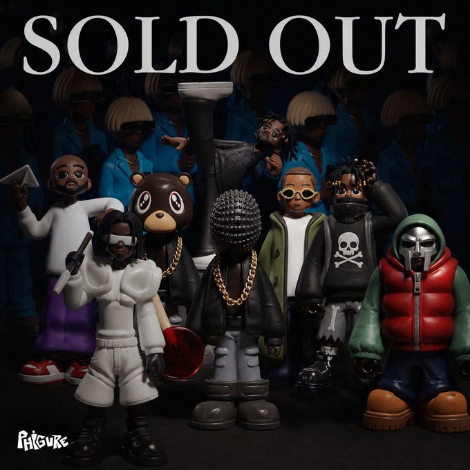 A 'SOLD OUT' poster by PIGGURE showcasing a collection of designer toy figures including characters in masks, bears, and skull-printed outfits.