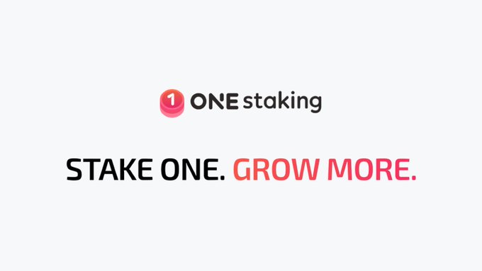 A simple graphic logo reading 'ONEstaking' with the tagline 'STAKE ONE. GROW MORE.' on a white background.