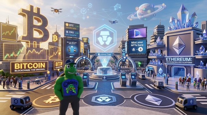 A colorful, futuristic digital illustration depicting a cryptocurrency-themed cityscape with landmarks labeled 'BITCOIN BLOCKCHAIN: THE ORIGINAL' and 'ETHEREUM: THE DECENTRALIZED PLATFORM,' featuring a frog mascot in the foreground.