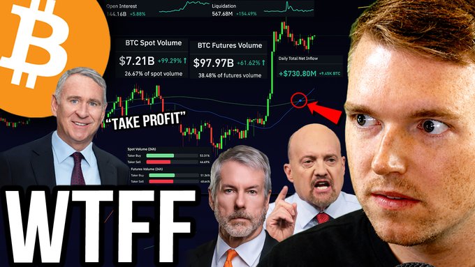 A dramatic YouTube thumbnail features Bitcoin’s orange “₿” logo, trading charts, and headshots of crypto commentators, with bold text including “TAKE PROFIT,” “WTF,” “BTC Spot Volume $7.21B,” “BTC Futures Volume $97.97B,” and a “Daily Total Net Inflow +$730.80M.” It promotes an urgent video about a possible U.S. market “Bitcoin Friday” liquidation trap on Black Friday.