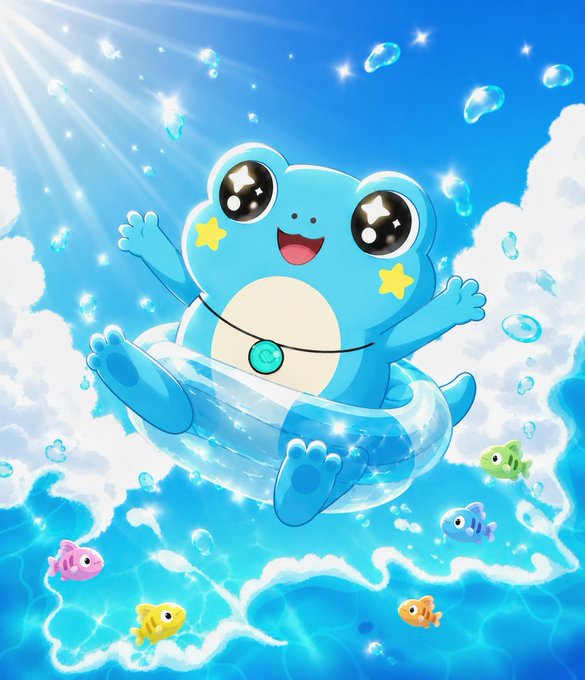 The image features a cartoon frog swimming in water, wearing a necklace with a star pendant. The background of the image shows a blue sky filled with clouds and stars, creating a whimsical atmosphere. The caption below the image reads "Happy to bring @Voltoads collabs to my community! I see you in the pond".