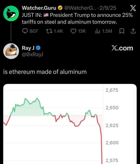 A Twitter/X screenshot showing a Watcher.Guru post about 25% tariffs on steel and aluminum, followed by Ray J's joke 'is ethereum made of aluminum' above a chart of ETH's price dropping.