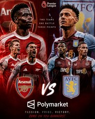 A Polymarket prediction graphic for a Premier League football match between Arsenal and Aston Villa, featuring player imagery and the Polymarket logo.