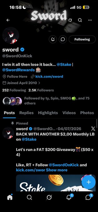 A Twitter profile page for "sword" (@SwordOnKick) promoting a "BACK WITH ANOTHER $2,000 Monthly LB on @Stake" giveaway.