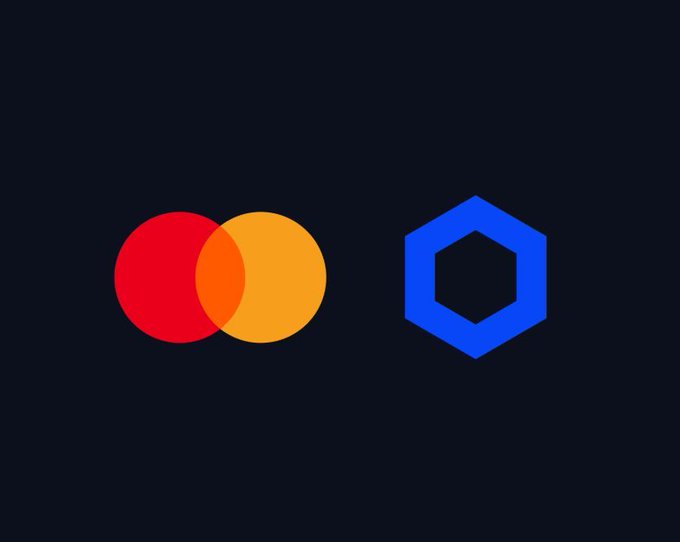 The image features a logo for Mastercard and Chainlink, two major payment infrastructure companies. The logos are displayed against a black background with a blue hexagon in the center. The text "HUGE PARTNERSHIP NEWS! CHAINLINK PARTNERS WITH MASTERCARD @chainlink has officially partnered with @Mastercard !" is written above and below the logos, indicating that Mastercard and Chainlink have joined forces to provide users with a seamless payment experience for crypto purchases.