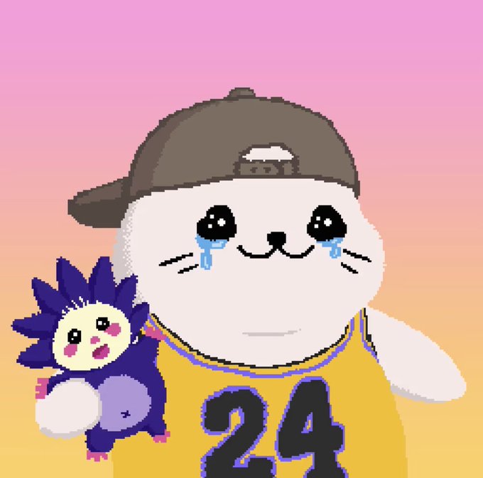 A pixel art illustration of a crying white cat wearing a backwards brown cap and a yellow jersey with '24' on it, holding a purple spiky creature against a pink-to-orange gradient background.
