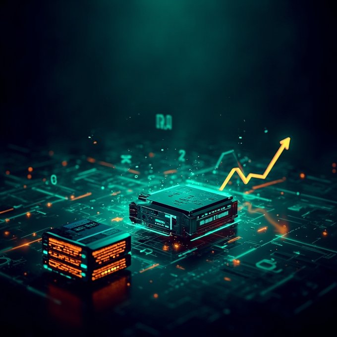 A digital artwork depicting two computer chips on a glowing circuit board with an upward-trending arrow and the letters 'AI' floating above.
