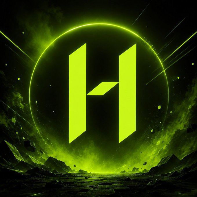 A digital artwork featuring a glowing green stylized 'H' logo set within a luminous ring against a dark, cosmic background with light rays and rocky terrain.