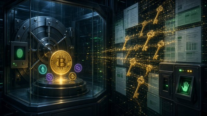 A futuristic digital illustration of a glowing Bitcoin token inside a glass vault with a fingerprint scanner, while a stream of floating gold keys and crypto icons flows toward server racks on the right.