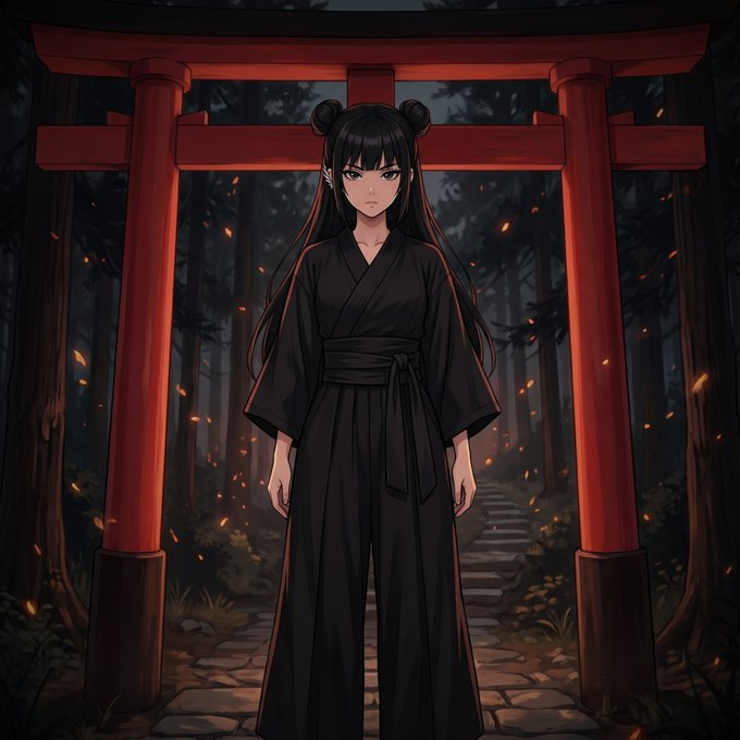 An anime-style illustration of a dark-haired girl with twin buns wearing a black kimono, standing on a stone path beneath a red torii gate in a forest with floating embers.