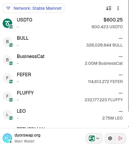 The image shows a MetaMask wallet interface on the Stable Mainnet network, displaying token balances including $600.25 USDTO, 328,028.844 BULL, 2.00M BusinessCat, 114,613.272 FEFER, 232,177.223 FLUFFY, and 2.75M LEO, with the site dyorswap.org loaded. It relates to the post by illustrating the user's frustration with MetaMask's lag while attempting to use dyorswap on the Stable Mainnet, highlighting the need for a faster alternative like Rabby.