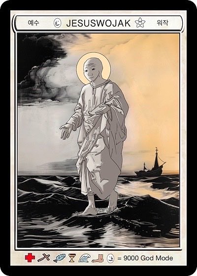 A digital artwork styled as a tarot card titled 'JESUSWOJAK' depicting a haloed Wojak figure walking on water with a boat in the background, with text '= 9000 God Mode' at the bottom.