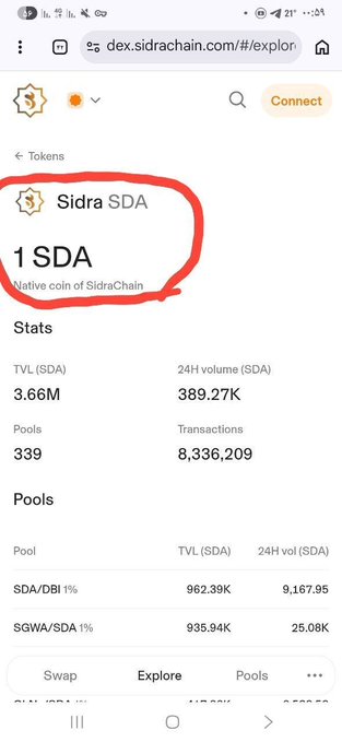 A screenshot of the dex.sidrachain.com website showing the Sidra SDA token page with stats including TVL of 3.66M, 24H volume of 389.27K, and 339 pools, with 'Sidra SDA' and '1 SDA - Native coin of SidraChain' circled in red.