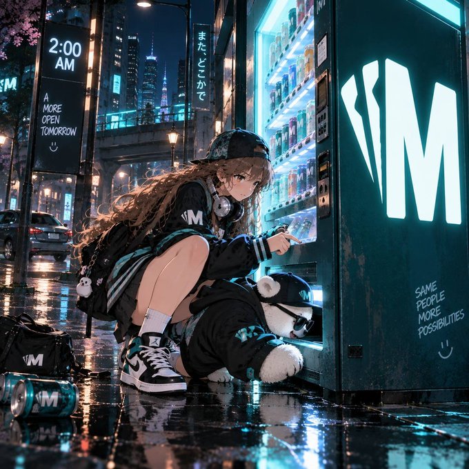 An anime-style illustration shows a girl with headphones crouching next to a vending machine displaying a large 'VM' logo, with text reading '2:00 AM A MORE OPEN TOMORROW' and 'SAME PEOPLE MORE POSSIBILITIES'.