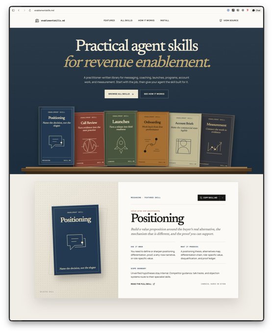 A website for 'smalltowntalks.ai' features the tagline 'Practical agent skills for revenue enablement' and showcases several book covers including Positioning, Call Review, and Launches.