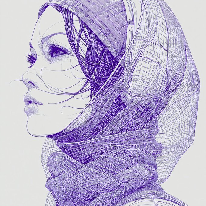 A delicate pen-and-ink portrait in blue/purple ink shows a woman in profile wearing a complex headpiece and shawl constructed from finely detailed mesh-like crosshatching, evoking a "Distant Universe" through its intricate, almost cosmic webbing of lines. Her serene upward gaze and the ethereal, netted garments reinforce the otherworldly, futuristic atmosphere suggested by the caption.