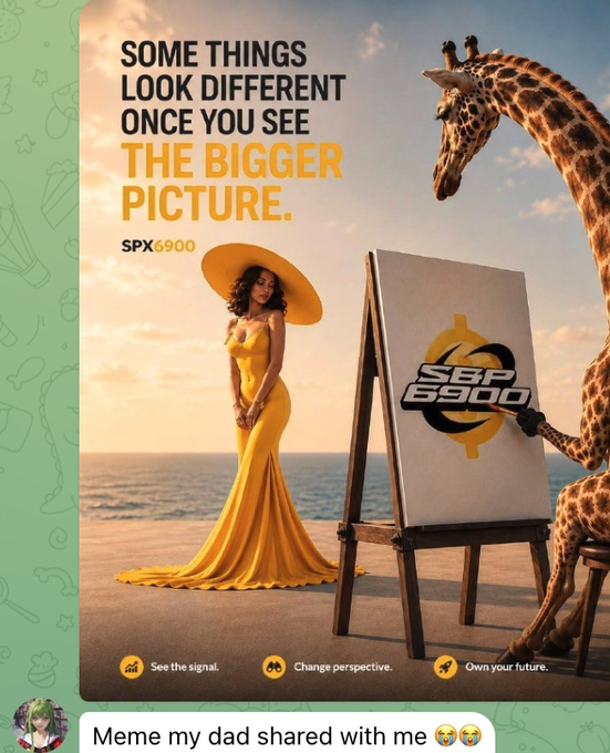 A glamorous woman and a giraffe pose by a seaside easel promoting the SPX6900 (SPX) meme coin, with the slogan “Some things look different once you see the bigger picture.” The absurd “boomer” imagery of the giraffe, fashion, and design aesthetic humorously supports the post’s claim that boomers unexpectedly love SPX6900.