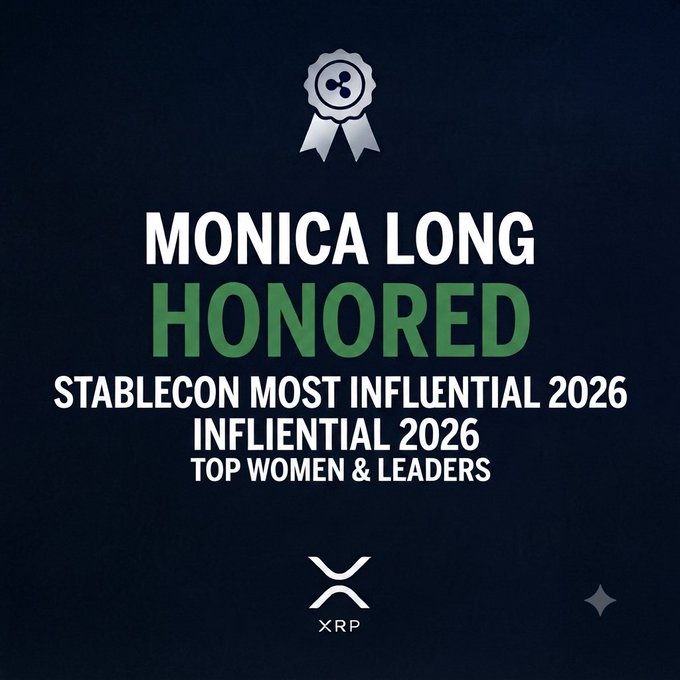 A dark blue award graphic announces 'MONICA LONG HONORED' as part of 'STABLECON MOST INFLUENTIAL 2026 - TOP WOMEN & LEADERS' with an XRP logo at the bottom.