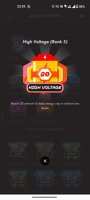 A achievement screen for 'High Voltage (Rank 5)' from an exercise app, indicating a reward for reaching 20 amount of daily energy cap in at least one realm.