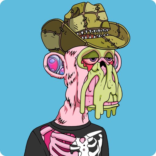 A digital illustration of a zombie-like ape character with green oozing flesh, wearing a green stitched cap and a black shirt with a skeleton design, on a blue background.