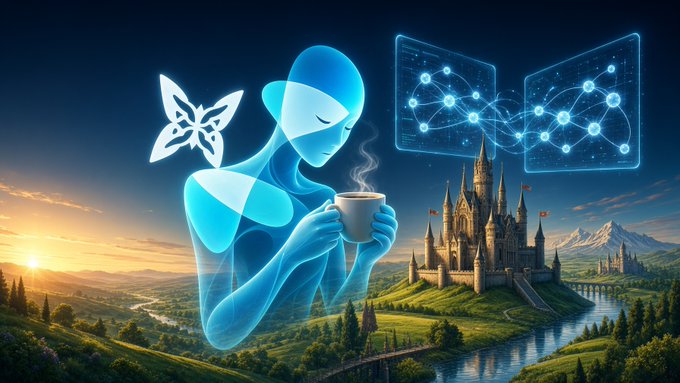 A digital illustration depicting a glowing blue humanoid figure holding a steaming cup, accompanied by a butterfly and abstract network graphics, with a fantasy castle and landscape in the background.