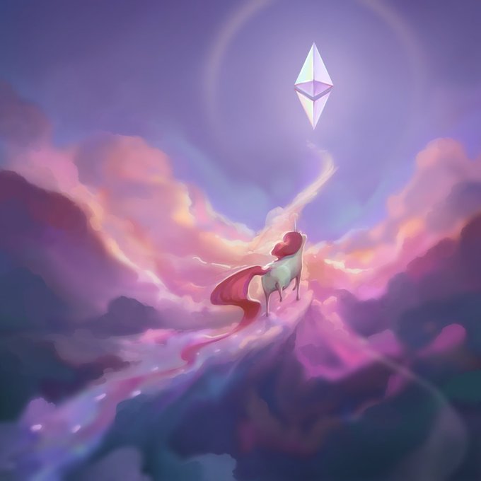 The image features a digital illustration of a horse with its tail flowing behind it, standing atop a mountain under a cloudy sky. A large diamond-shaped object or "ether" floats above the horse's head, creating an ethereal atmosphere. The background is filled with clouds and purple hues, adding to the dreamy ambiance of the scene. The post reads: "ethereum".
