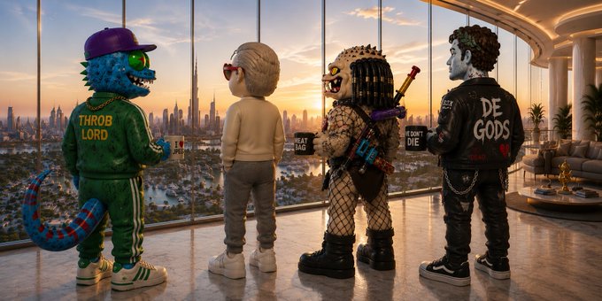 Four stylized 3D character figures viewed from behind standing in a modern high-rise apartment overlooking the Dubai skyline at sunset, with text reading 'THROB LORD', 'EAT SHIT', 'I DON'T DIE', and 'DE GODS' on their clothing.