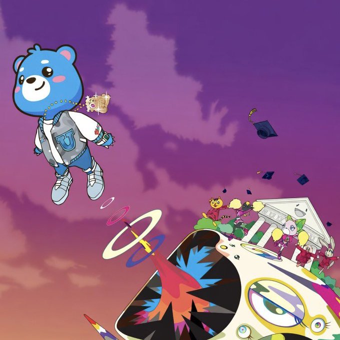 An anime-style illustration features a blue bear character floating in a purple sky above a colorful, abstract scene with smaller characters and graduation caps.