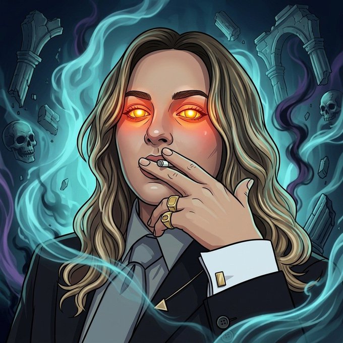 A digital illustration of a blonde man in a suit smoking a cigarette, featuring glowing orange eyes, gold rings, surrounded by teal smoke and gothic elements like skulls and stone arches.