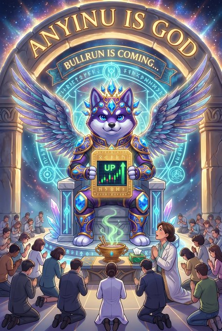 A digital illustration depicting a purple Shiba Inu dog dressed as an angel with golden wings and armor, sitting on a throne holding a candlestick chart tablet with 'UP' displayed, beneath the text 'ANYINU IS GOD' and 'BULLRUN IS COMING...', surrounded by a praying crowd.