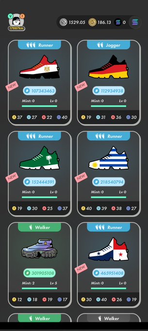 The image shows a row of six different shoes, each with unique colors and styles. The shoes are arranged from left to right, making them easily visible for viewing. The image also contains text that reads "WOLVER", "Stepn", "#stepn", "#stepn", and "walker". The shoes are displayed in various positions within the image - some standing out more than others due to their distinct design or color. There is no clear indication of a connection between this display and the post.