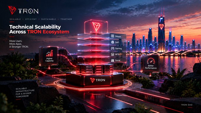 A promotional banner for the TRON blockchain highlighting Technical Scalability, showing TRX and USDT logos with categories like DeFi, Gaming, and NFTs against a futuristic cityscape at sunset.