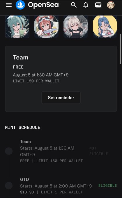 An OpenSea screenshot shows a 'Team' free mint scheduled for August 5 at 1:30 AM GMT+9 with a limit of 150 per wallet, alongside four anime-style character avatars.