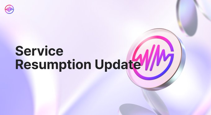 A graphic banner displays 'Service Resumption Update' in black text next to a metallic purple and pink circular logo.