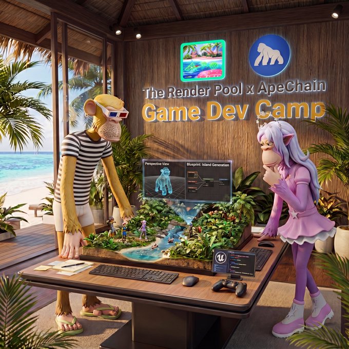 The image features a cartoon scene of two people, one wearing pink and the other wearing purple, standing at a table with a computer monitor displaying a game development tutorial. The cartoon characters are dressed in costumes that resemble humans and animals. They appear to be discussing or working on a project related to game development.