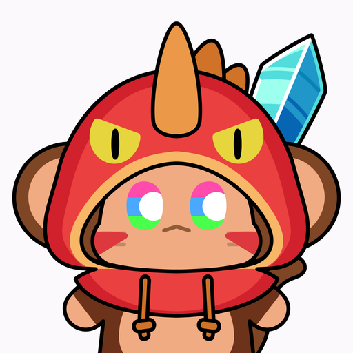 A cartoon illustration of a brown monkey wearing a red dragon-themed hood with yellow eyes and a blue crystal on its head.