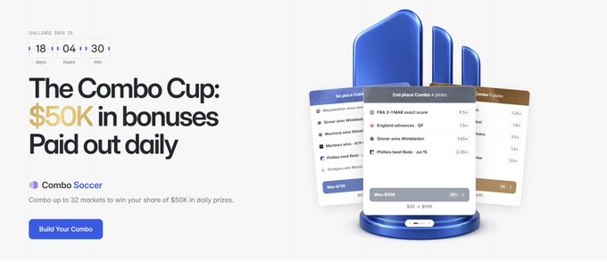 A promotional advertisement for a sports betting platform featuring a countdown timer (18 days, 04 hours, 30 min) and text promoting 'The Combo Cup: $50K in bonuses Paid out daily' for 'Combo Soccer' markets.