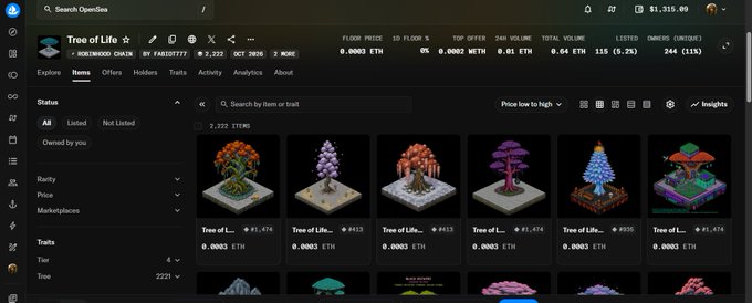 Screenshot of OpenSea's homepage showing the 'Tree of Life' NFT collection (Robinosco Chain) on its Home tab, displaying various pixel-art tree assets with floor price of 0.0002 ETH and 2,232 items.