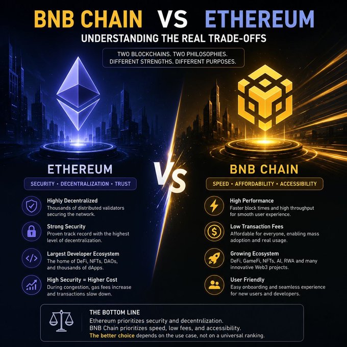 A dark-themed infographic comparing BNB Chain vs Ethereum, highlighting Ethereum's focus on security and decentralization versus BNB Chain's emphasis on speed, affordability, and accessibility.