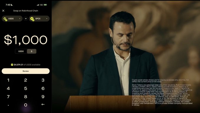 A Robinhood crypto trading interface showing a $1,000 USDG purchase on the Robinhood Chain, alongside an image of a man in a suit.