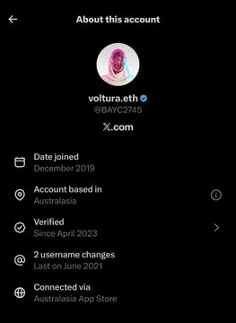Screenshot of an X/Twitter "About this account" page for @BAYC2745 (voltura.eth), showing the user is based in Australasia and was verified in April 2023. The post appears to be mocking Australian users of the Bored Ape Yacht Club for profiting significantly from their NFTs.