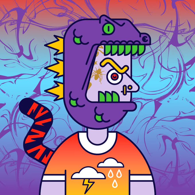 A stylized digital artwork of a figure wearing a purple dinosaur hood over a face with a red eye and a tongue, set against a vibrant blue and orange background.