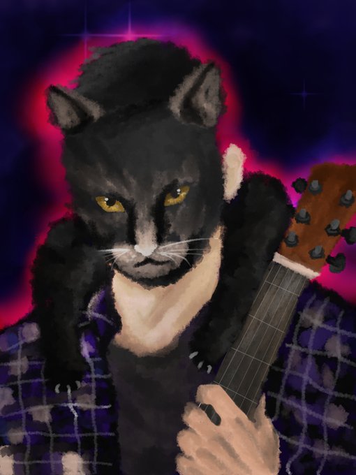 A digital illustration of an anthropomorphic black panther with piercing yellow eyes wearing a plaid flannel shirt and holding an acoustic guitar, set against a cosmic purple and pink background.