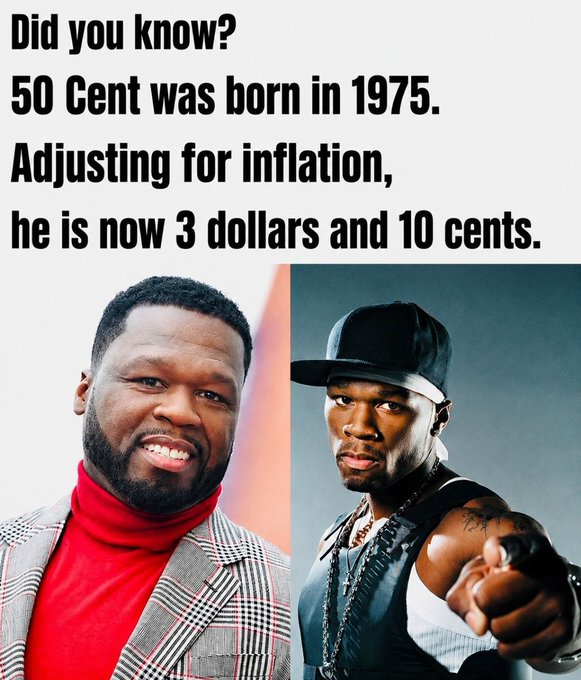 The image shows a meme featuring 50 Cent (Curtis Jackson), with side-by-side photos of him smiling in a red turtleneck and plaid blazer, and a younger version pointing forward in a black tank top and cap. The text reads: "Did you know? 50 Cent was born in 1975. Adjusting for inflation, he is now 3 dollars and 10 cents." The joke plays on fiat currency inflation eroding purchasing power over time, tying into the post's message that Bitcoin offers a hedge against this devaluation.