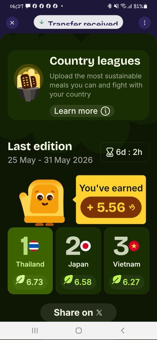 The image shows a phone screen displaying information about a country league, with a green background and white text. The top of the screen displays the name "My country finished 1st this week on @ecomeal_vet #vechain ecomeal.vet". This indicates that the country has won the league in the past week. The post also mentions that the country's meals were included in the competition, and they have earned a share of 6.6 out of 7 points.