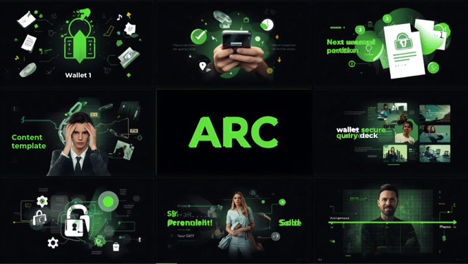Pitch deck slide grid for 'ARC' displaying various sections including Wallet, Content template, Next successful petition, wallet secure query deck, Perendale, and a photo of a man.