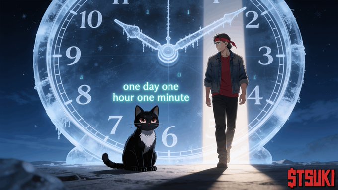 Anime-style artwork features a young man with a red headband and a black-and-white cat standing before a massive frozen clock, with the text 'one day one hour one minute' and a 'STSUKI' logo.