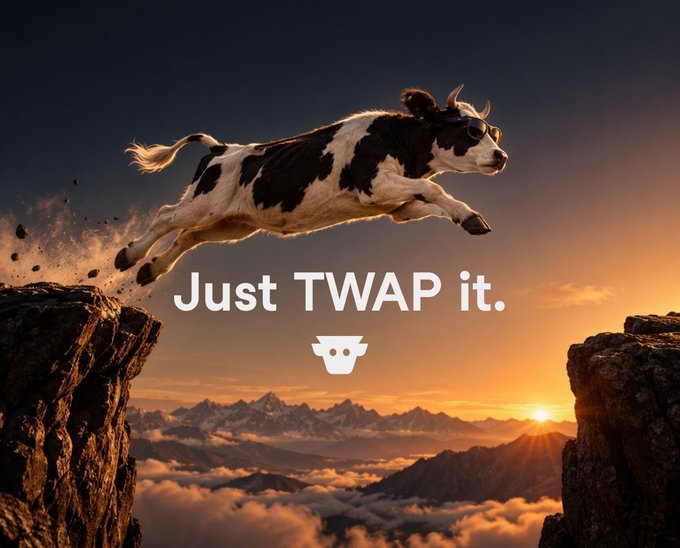 A dramatic advertisement shows a black and white cow leaping across a chasm between cliffs at sunset, featuring the text "Just TWAP it." above an underwear-shaped logo.